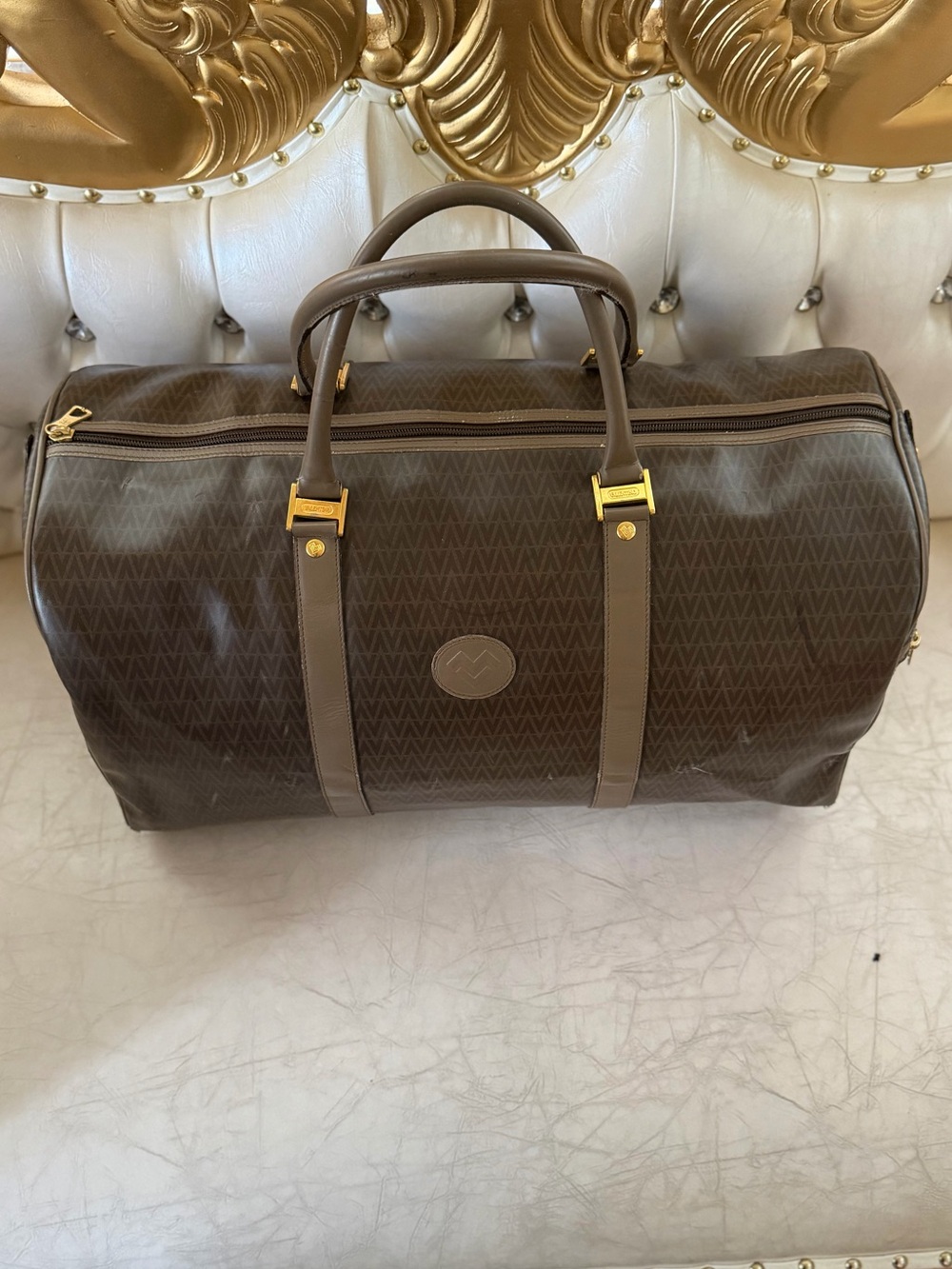 vintage Mario Valentino brown monogram PVC leather travel duffle or Boston bag